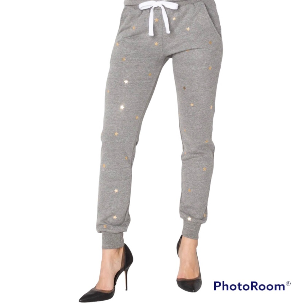 NWT CHRLDR Sweatpants, Size L, Heather Grey with Gold Scattered Stars